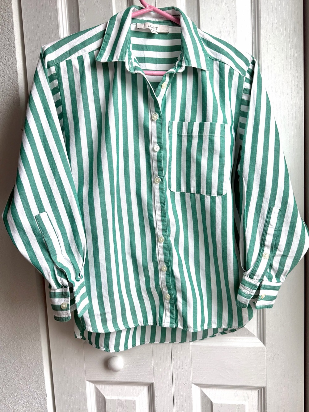 LOFT Green & White Vertical Stripe Button-Down Shirt